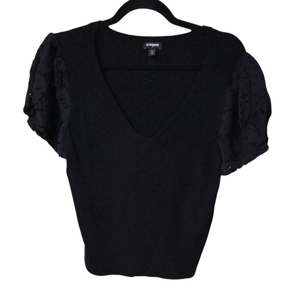 Express Black Lace Puff Sleeve V Neck  Sweater Top Womens Size Medium - Picture 1 of 8